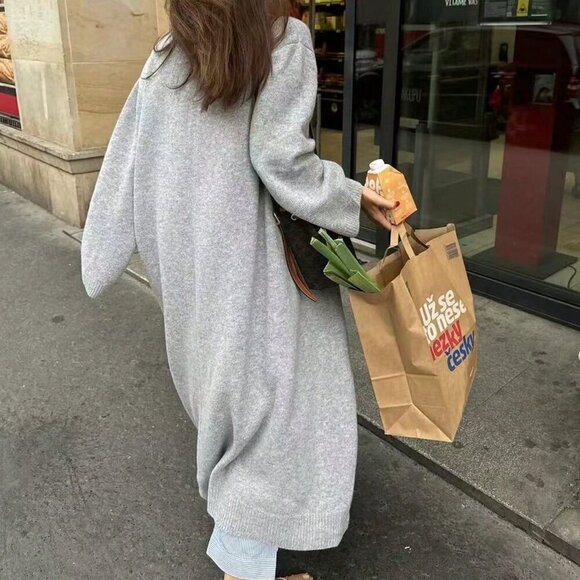 Grey Casual Women's V-Neck Buttonless Super Loose Long-Sleeved Knitted Cardigan - Picture 2 of 8